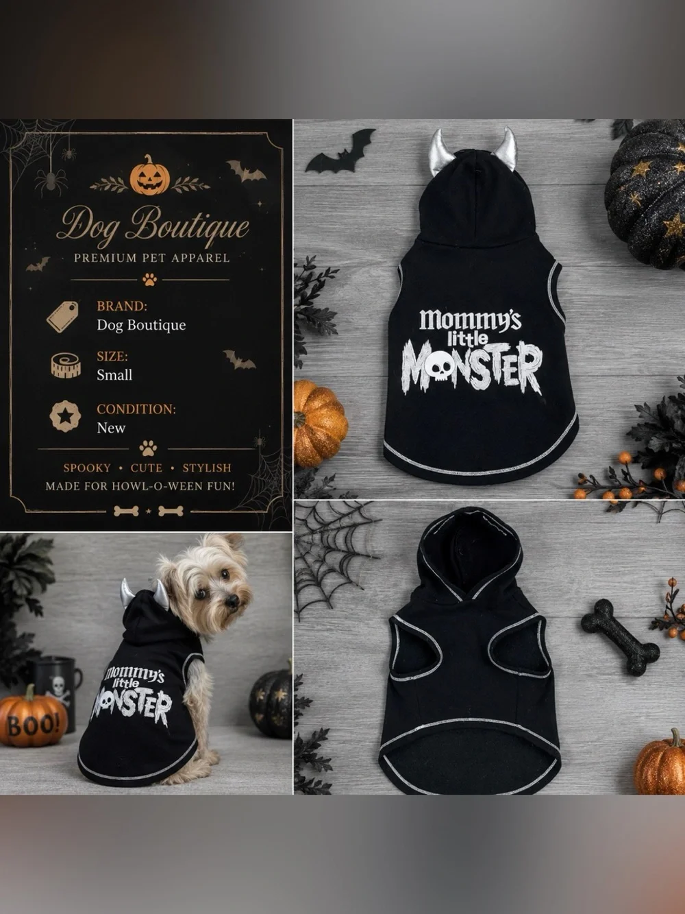 Halloween “Mommy’s Little Monster” Dog Hoodie with Devil Horns | Size: Small